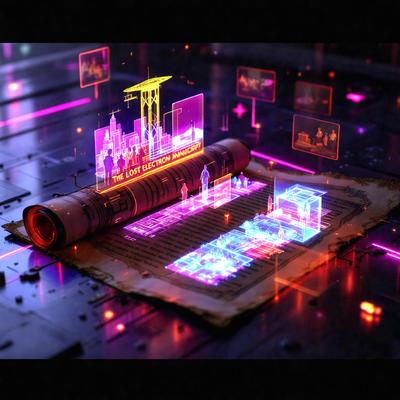 The primary subject of the image is a purple and blue cityscape, which appears to be a digital art or illustration. The setting is a futuristic city with a large building and a roll of paper with a map on it. The visual style is a combination of digital art and traditional illustration, creating a unique and captivating scene. The colors and mood of the image are predominantly purple and blue, giving it a futuristic and imaginative atmosphere.